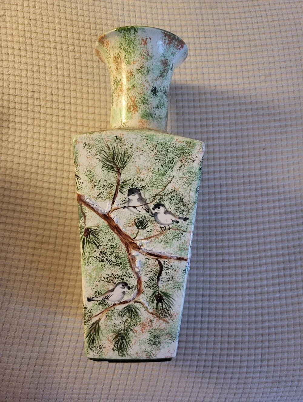 Oriental looking Hobbyist Vase Green/brown w/birds and branches